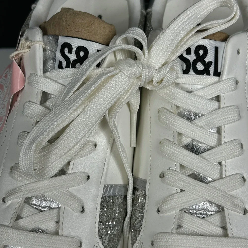 Sam &‎ Libby Size 8.5 Alina Sneakers Silver Glitter White Low Top NEW $49